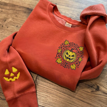 Embroidered Classic Jack O' Lantern Face Spooky Scrollwork Sweatshirt: Pigment Dyed Gothic Halloween Pumpkin Motif Pullover
