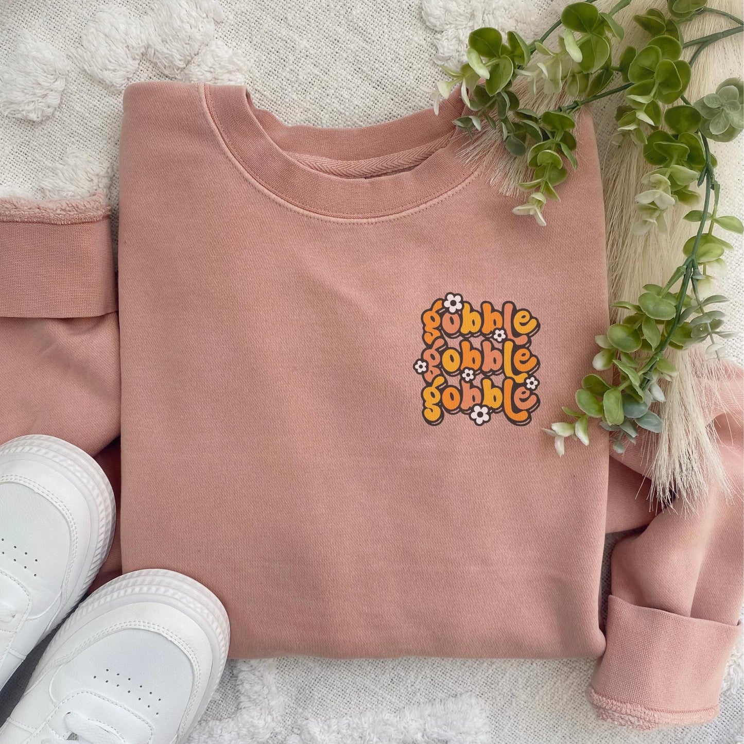 Embroidered Thanksgiving Gobble Crewneck Sweatshirt: Pigment Dyed Turkey Day Pullover