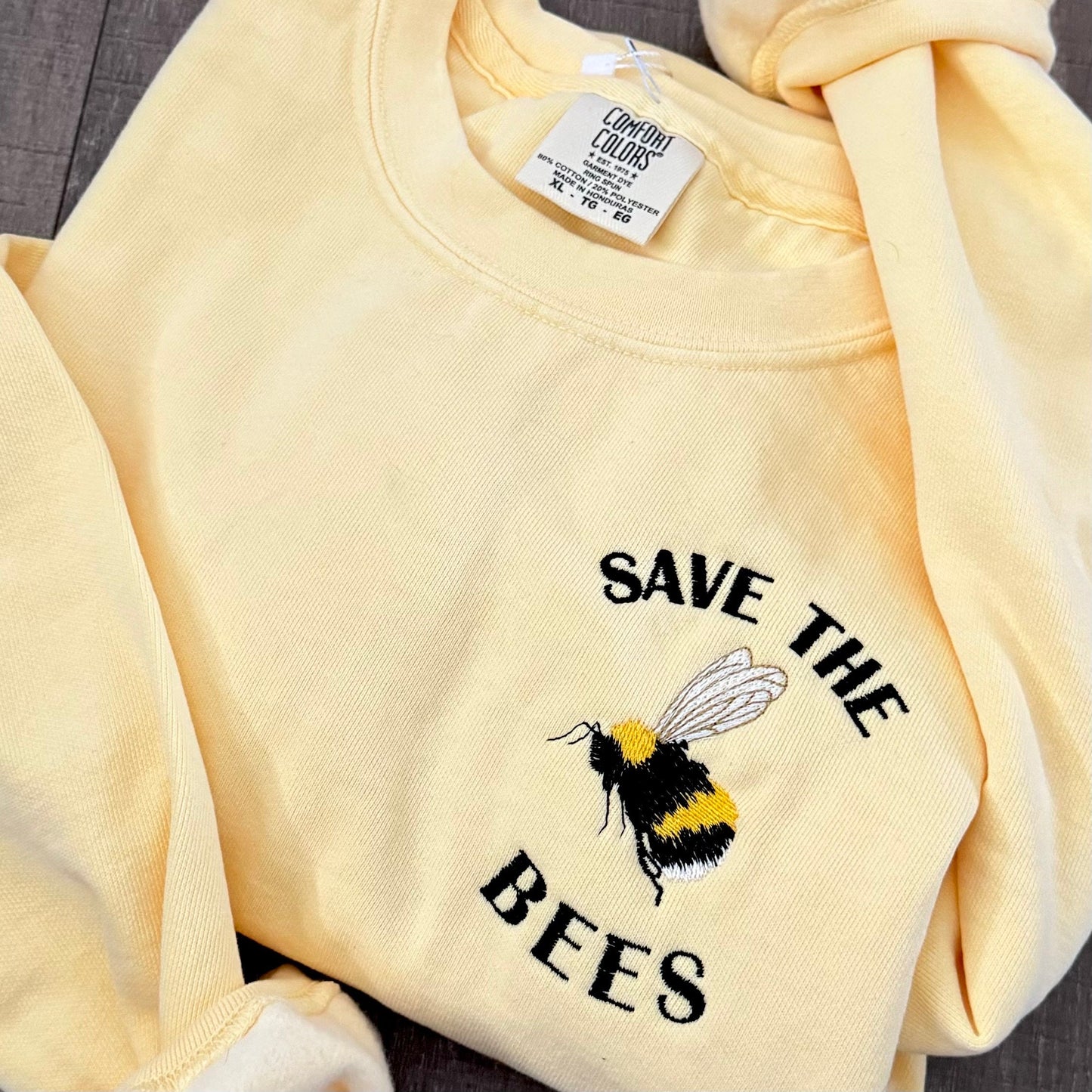 Embroidered Save the Bees Pigment Dyed Crewneck Sweatshirt: Nature Inspired Bumble Bee Pullover