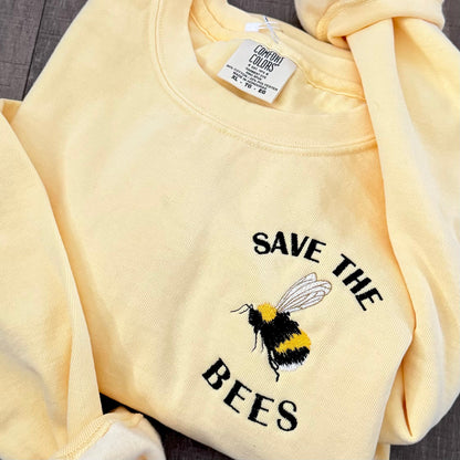 Embroidered Save the Bees Pigment Dyed Crewneck Sweatshirt: Nature Inspired Bumble Bee Pullover