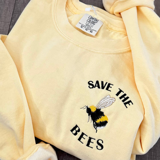 Embroidered Save the Bees Pigment Dyed Crewneck Sweatshirt: Nature Inspired Bumble Bee Pullover