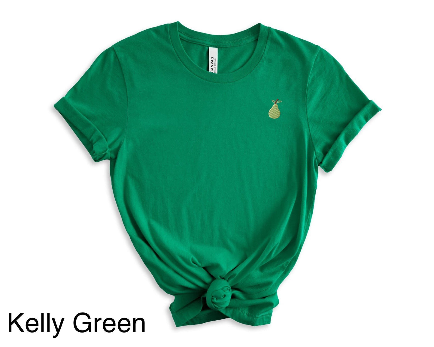 Embroidered Unisex Pear T-Shirt: Stitched Minimalist Mini Fruit Tee