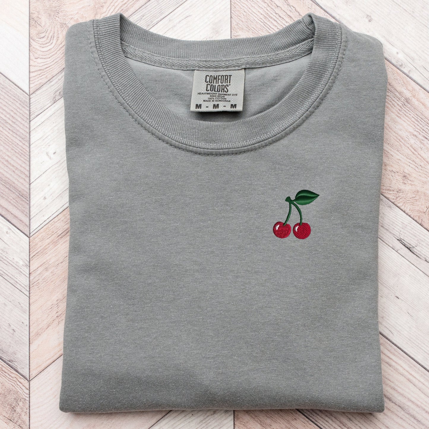 Embroidered Cherry T-Shirt: Garment Dyed Fruit Tee