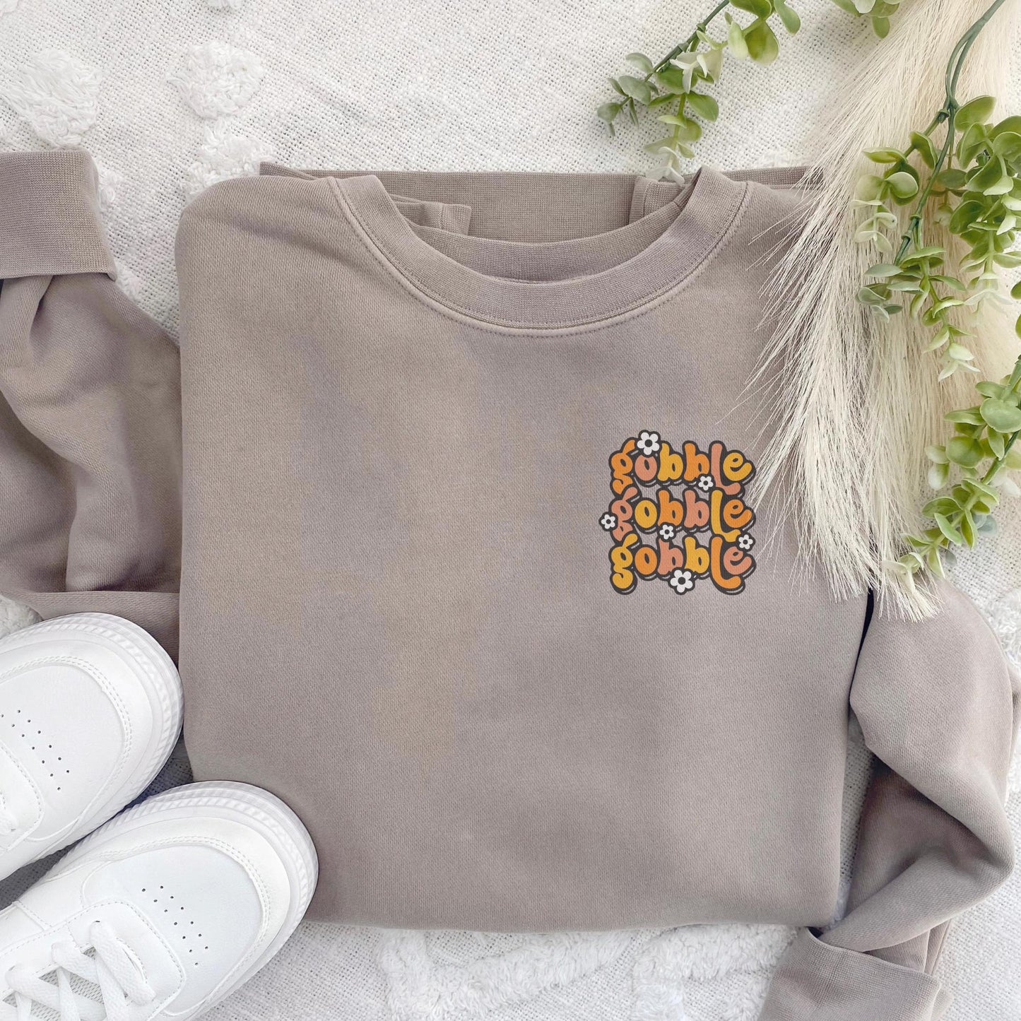 Embroidered Thanksgiving Gobble Crewneck Sweatshirt: Pigment Dyed Turkey Day Pullover