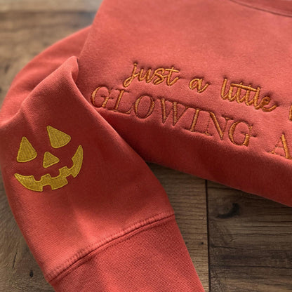 Embroidered Little Ray of Glowing Amber Pumpkin Sweatshirt: Spooky Season Pigment-Dyed Pullover