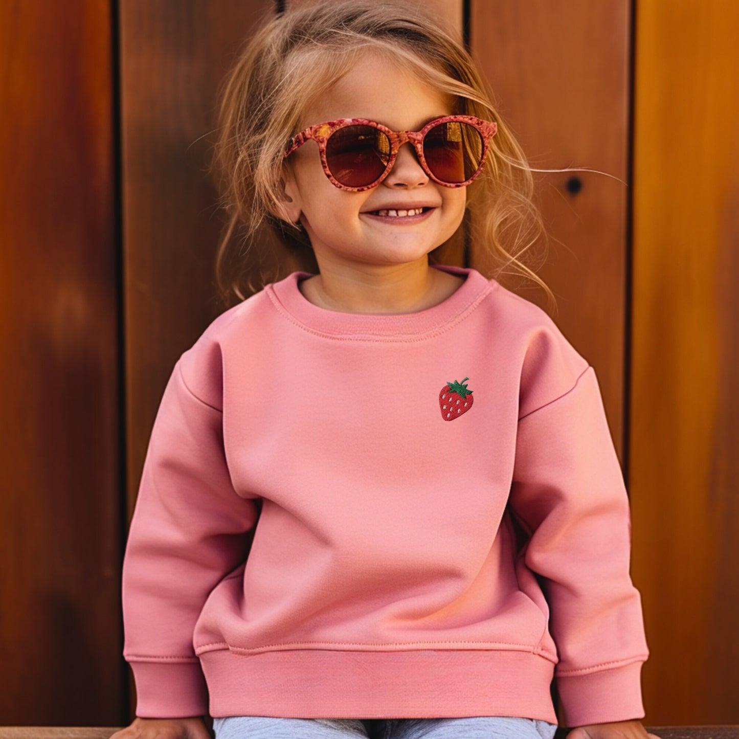 Embroidered Kids Strawberry Sweatshirt: Stitched Fruit Crewneck