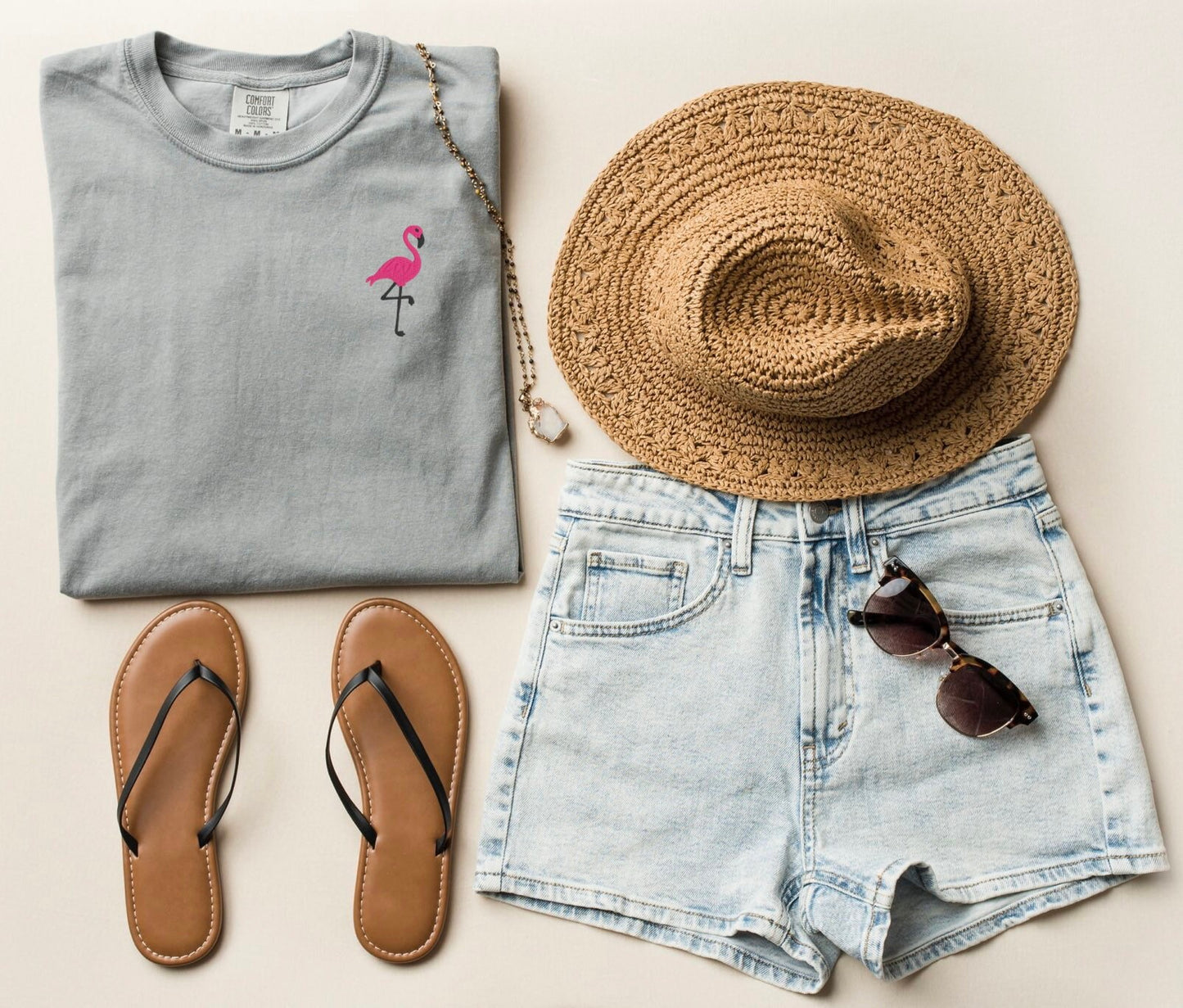 Embroidered Flamingo T-shirt: Tropical Beach Top