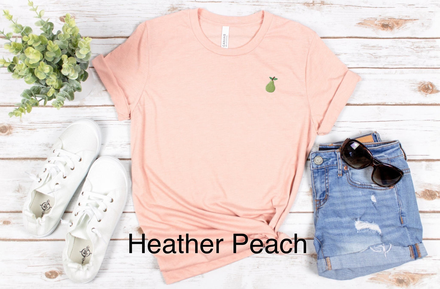 Embroidered Unisex Pear T-Shirt: Stitched Minimalist Mini Fruit Tee