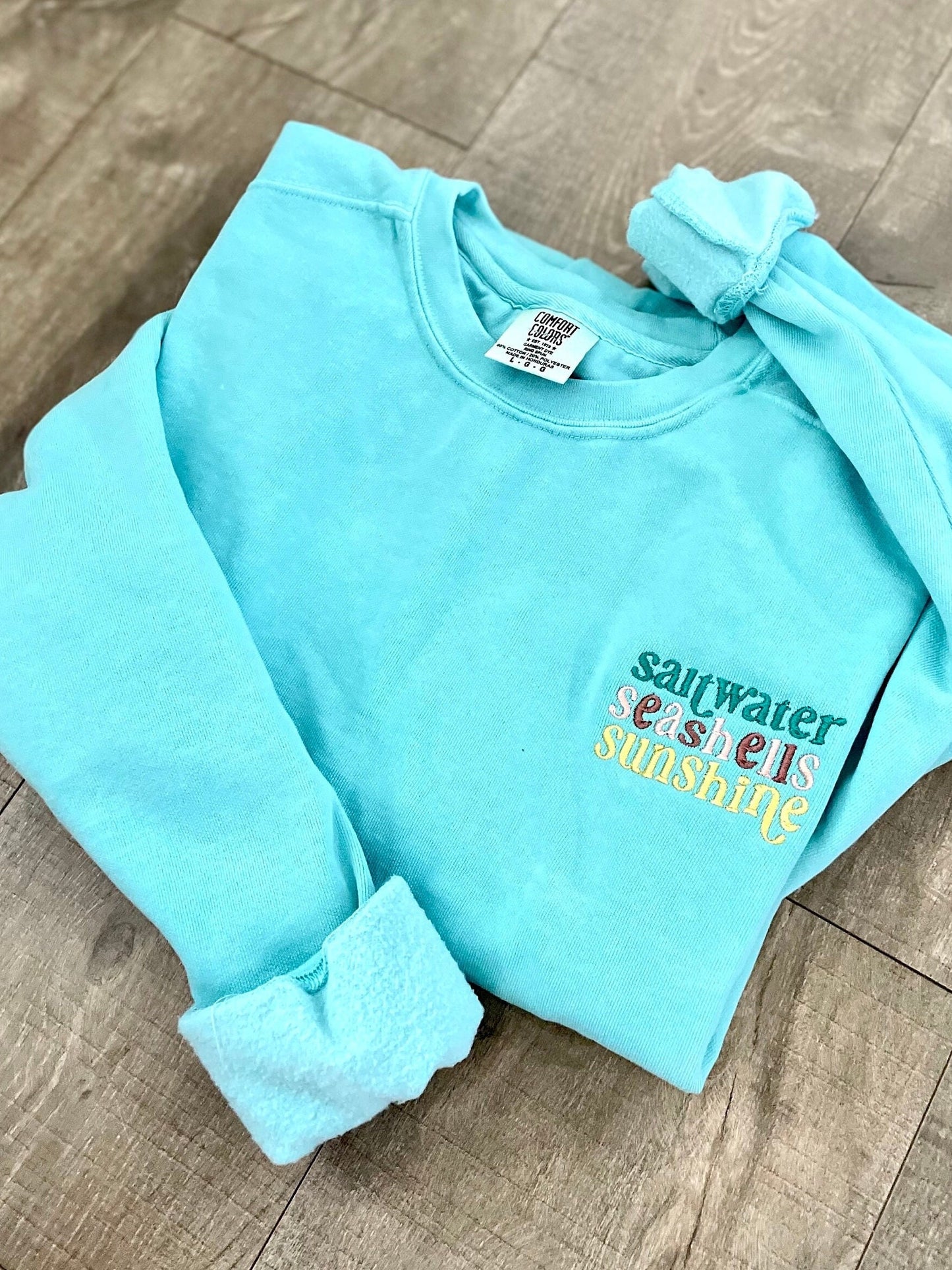 Embroidered Crewneck Sweatshirt: Saltwater, Seashells, Sunshine - Beach Apparel