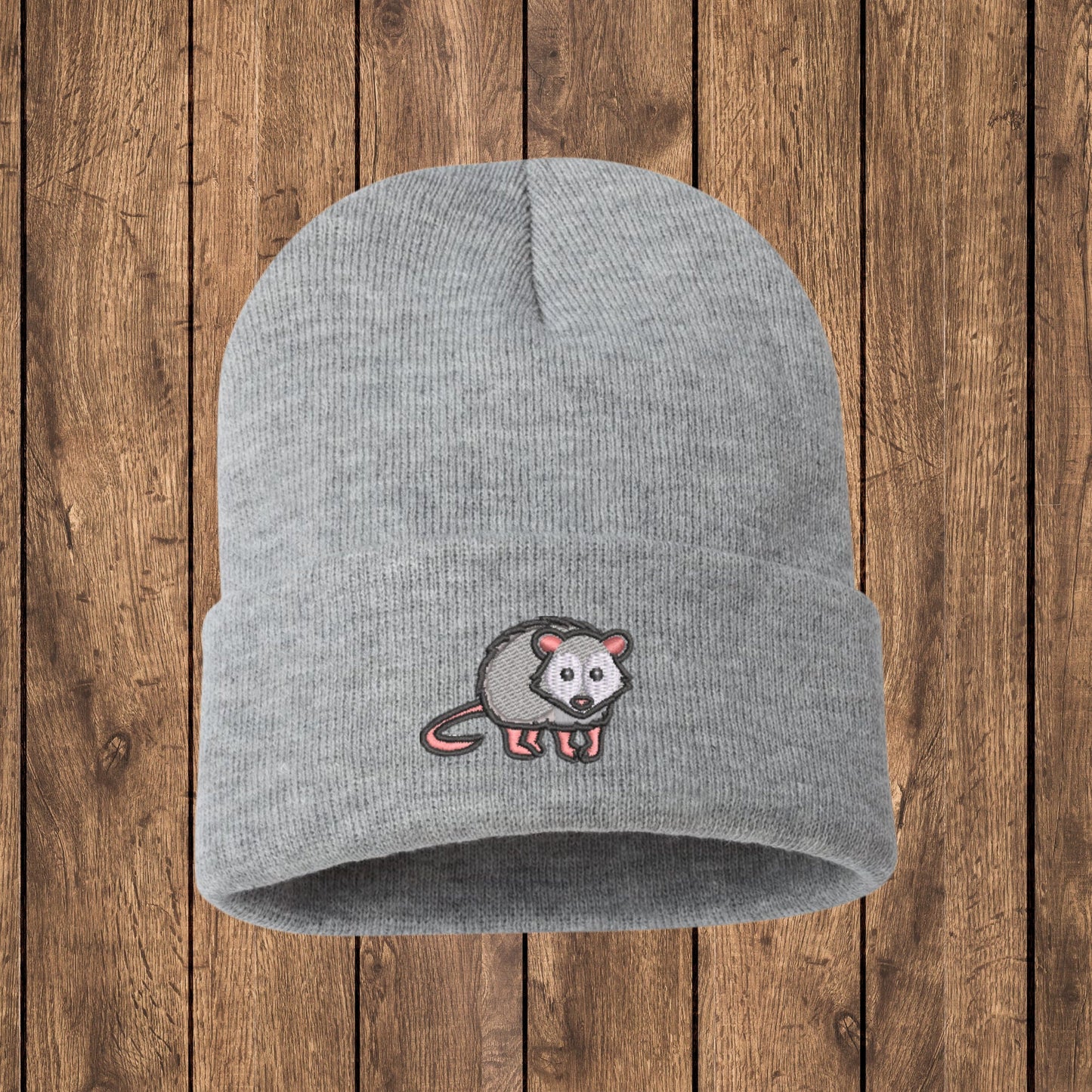 Embroidered Opossum Beanie: Woodland Animal Knit Hat