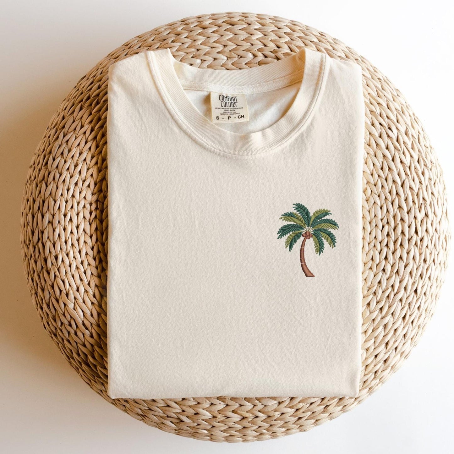 Embroidered Palm Tree T-Shirt: Pigment-Dyed Coastal Tee