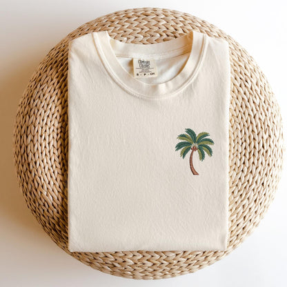 Embroidered Palm Tree T-Shirt: Pigment-Dyed Coastal Tee