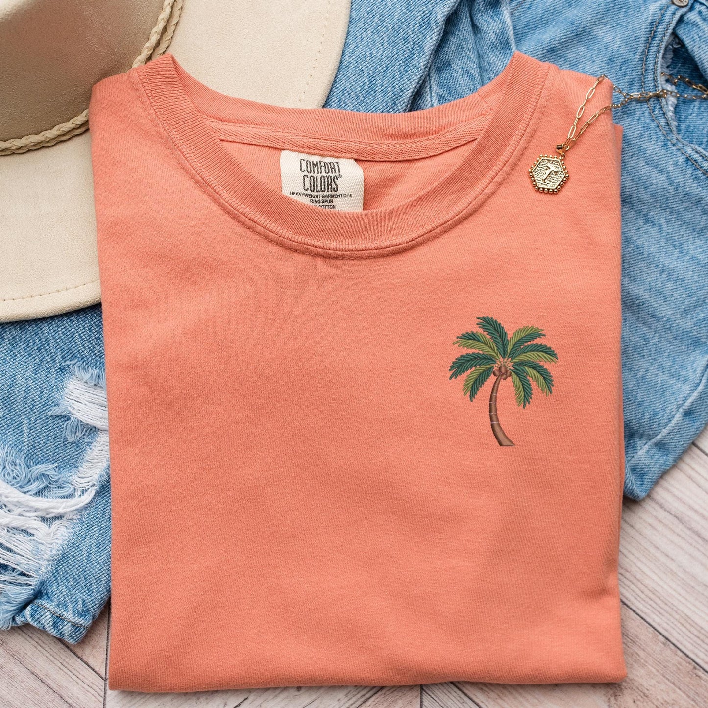 Embroidered Palm Tree T-Shirt: Pigment-Dyed Coastal Tee