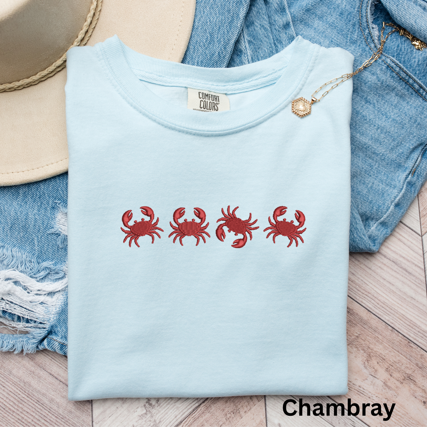 Embroidered Red Crab Pigment Dyed T-Shirt: Coastal Preppy Summer Tee