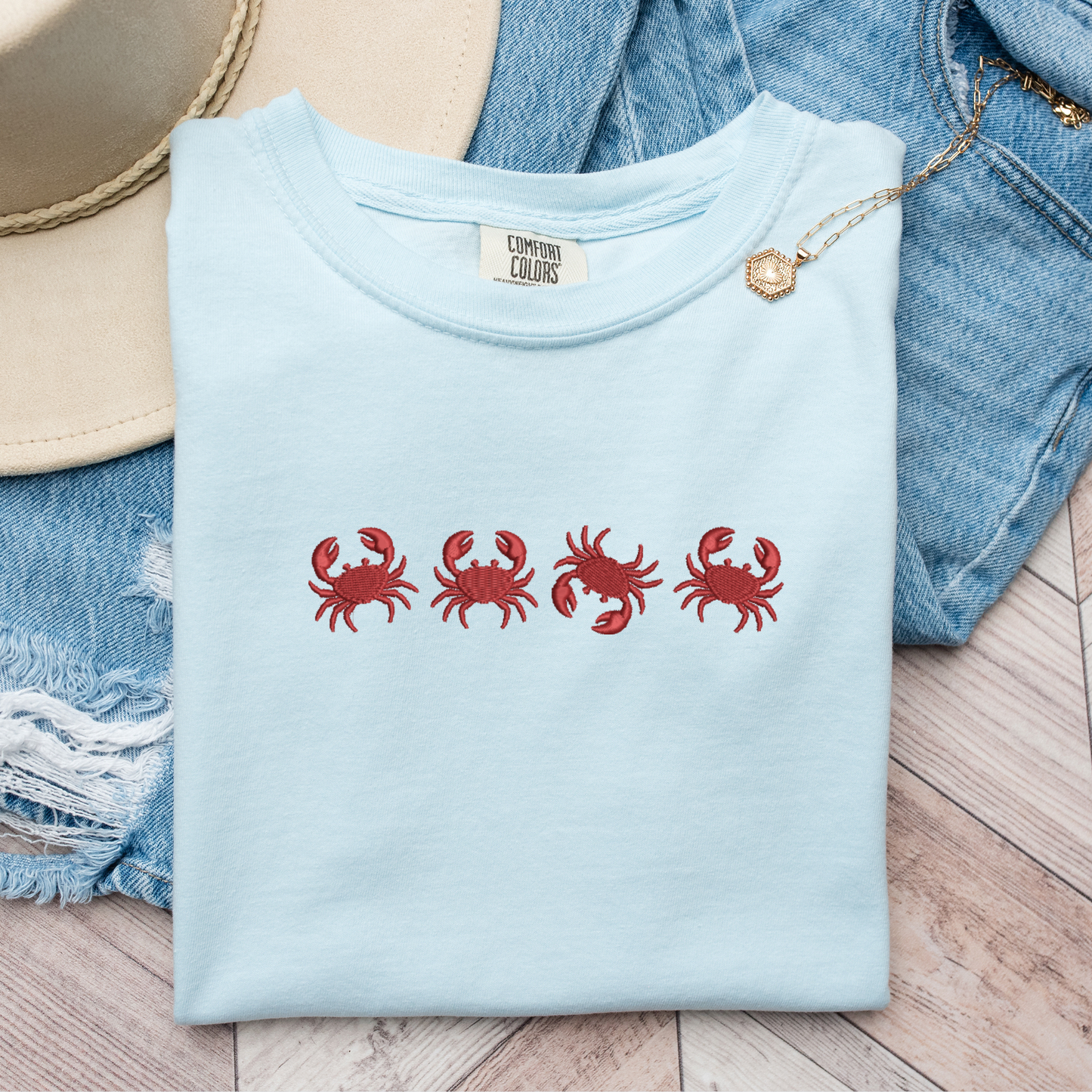 Embroidered Red Crab Pigment Dyed T-Shirt: Coastal Preppy Summer Tee