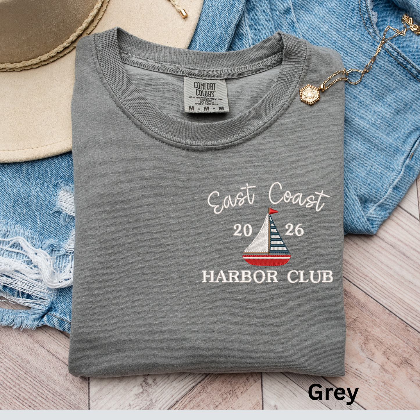 Embroidered East Coast Harbor Club Pigment Dyed T-Shirt: Coastal Preppy Summer Tee