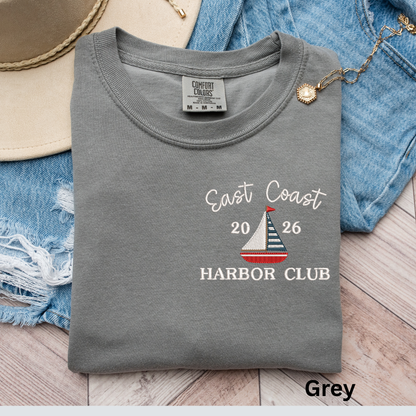 Embroidered East Coast Harbor Club Pigment Dyed T-Shirt: Coastal Preppy Summer Tee