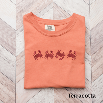 Embroidered Red Crab Pigment Dyed T-Shirt: Coastal Preppy Summer Tee