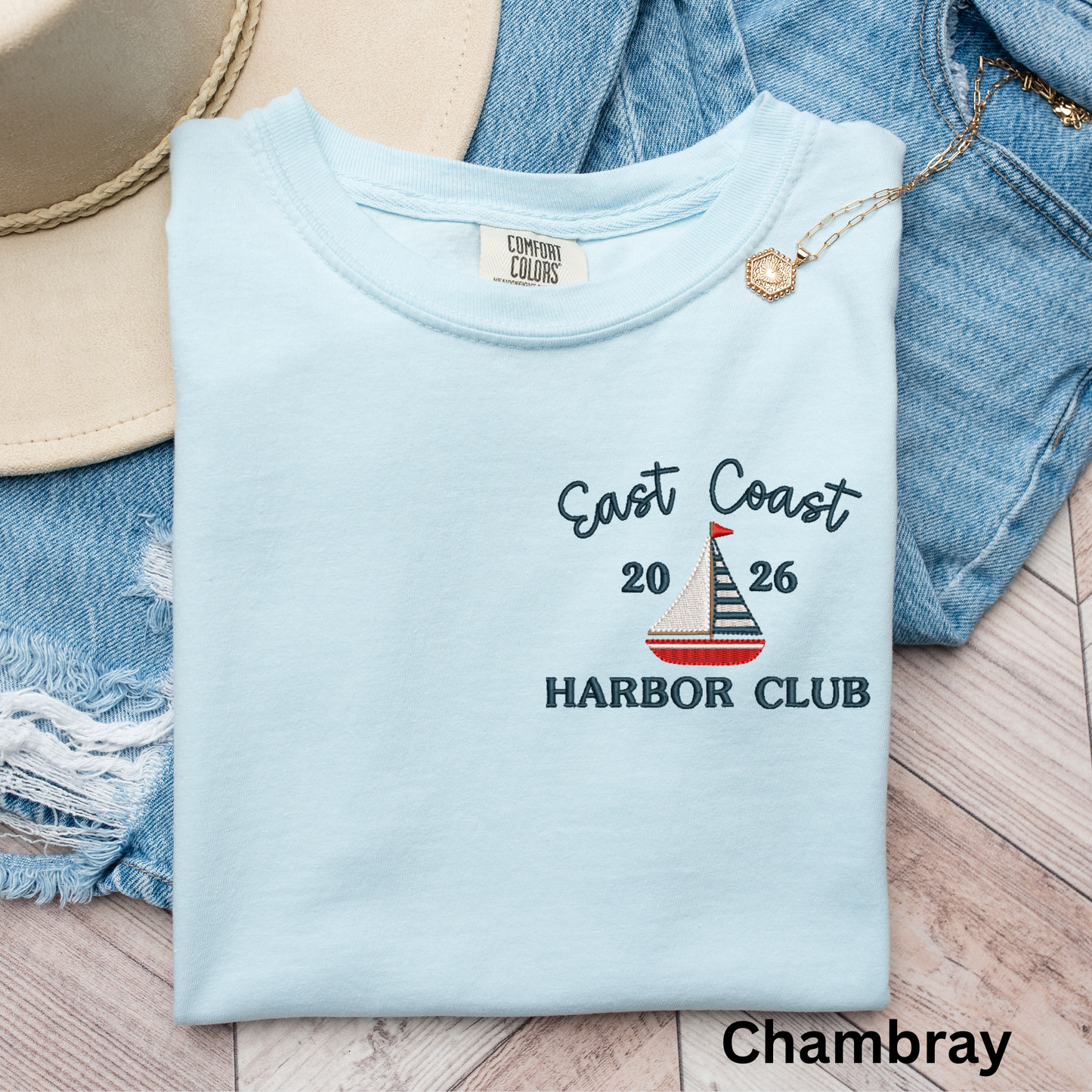 Embroidered East Coast Harbor Club Pigment Dyed T-Shirt: Coastal Preppy Summer Tee