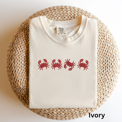 Embroidered Red Crab Pigment Dyed T-Shirt: Coastal Preppy Summer Tee