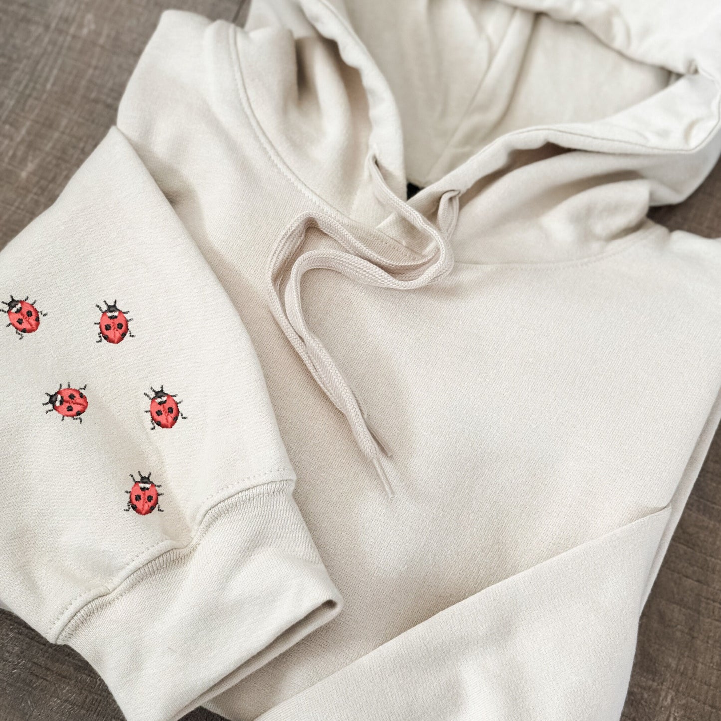Embroidered Minimalist Ladybug Sleeve Hoodie: Stitched Sleeve Design