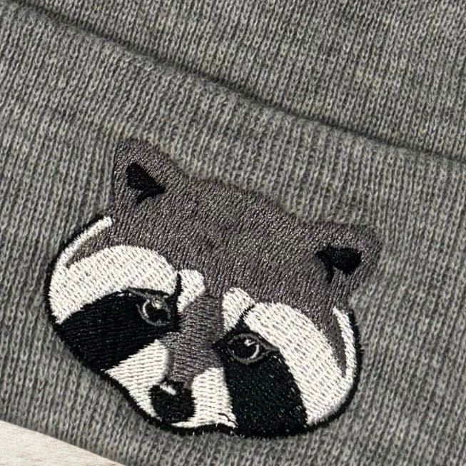 Embroidered Raccoon Beanie: Knit Wildlife Hat