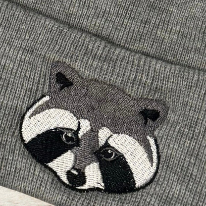 Embroidered Raccoon Beanie: Knit Wildlife Hat
