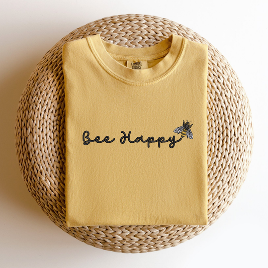 Embroidered Bee Happy T-Shirt: Pigment-Dyed Cotton Cottagecore Tee