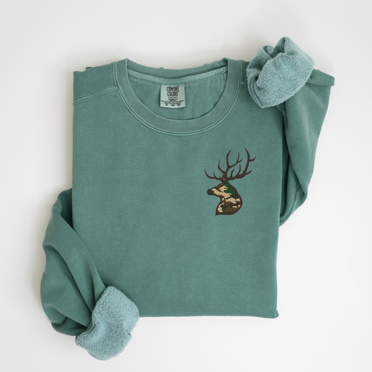 Embroidered Deer Sweatshirt: Camo Buck Crewneck Pullover