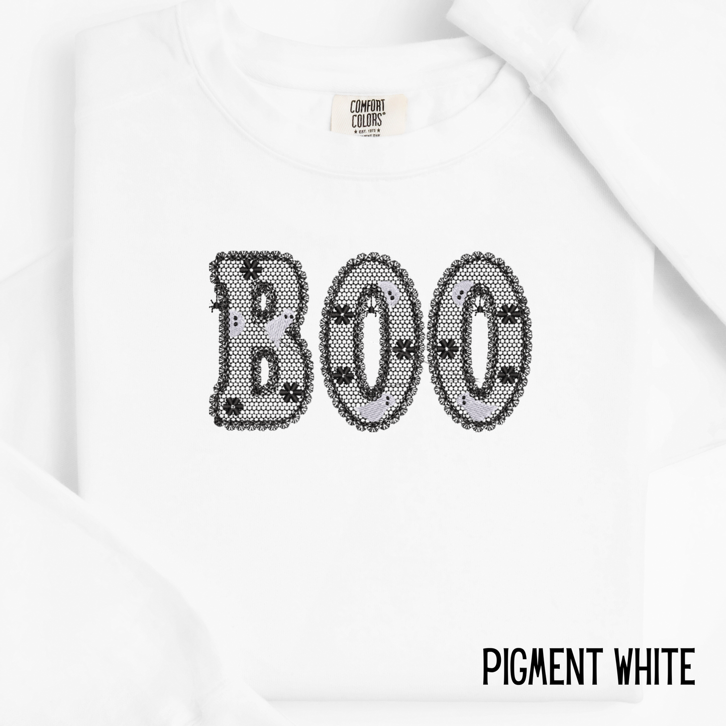 Embroidered Lacey Boo Crewneck Sweatshirt: Pigment Dyed Halloween Coquette Sweater