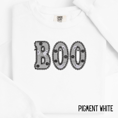 Embroidered Lacey Boo Crewneck Sweatshirt: Pigment Dyed Halloween Coquette Sweater