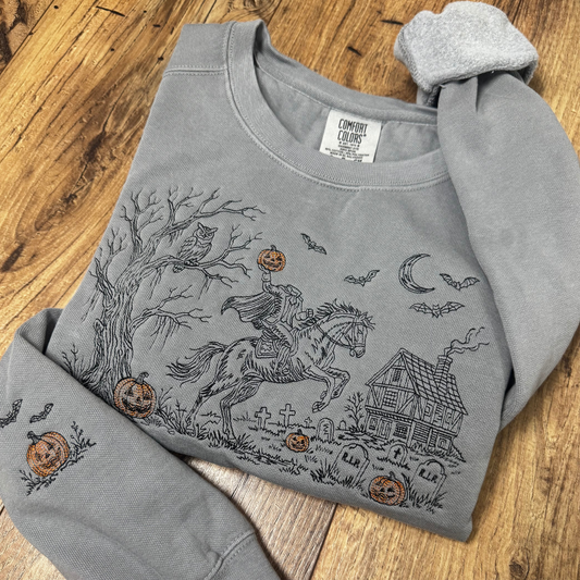 Embroidered Headless Horseman Crewneck Sweatshirt: Pigment Dyed Sleepy Hollow Sketched Line Art Pullover