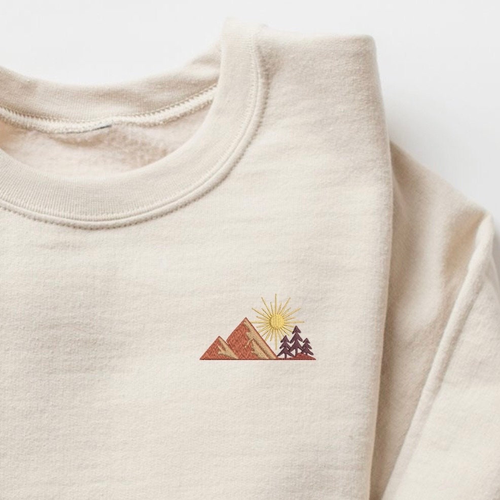 Embroidered Mountain Sunset Sweatshirt: Nature Lover Pullover