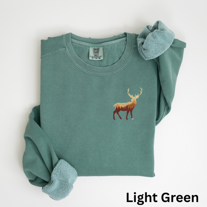 Embroidered Buck Sweatshirt: Garment-Dyed Hunter Crewneck