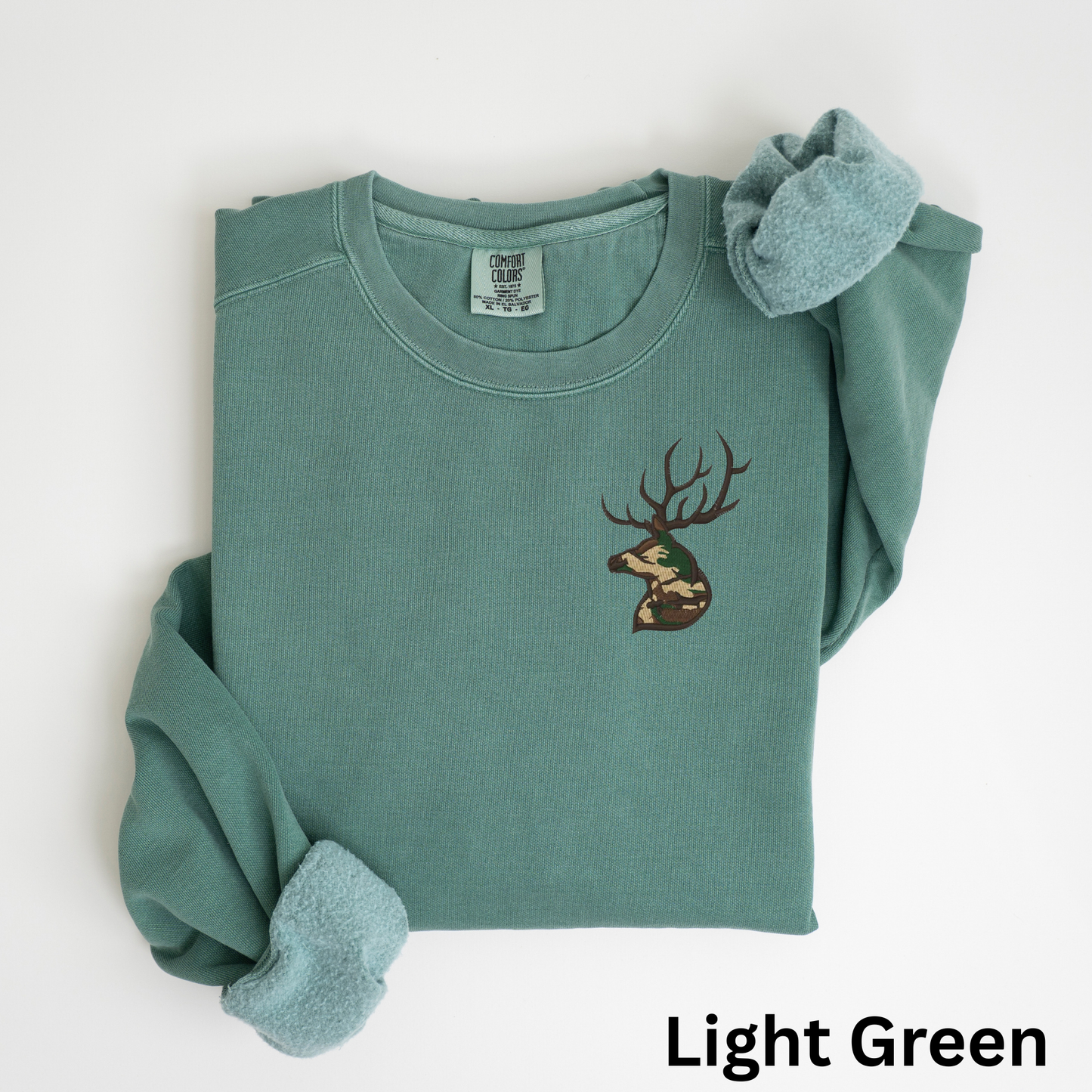Embroidered Deer Sweatshirt: Camo Buck Crewneck Pullover