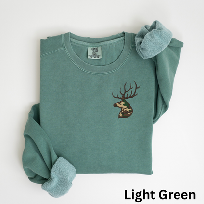 Embroidered Deer Sweatshirt: Camo Buck Crewneck Pullover