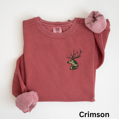 Embroidered Deer Sweatshirt: Camo Buck Crewneck Pullover