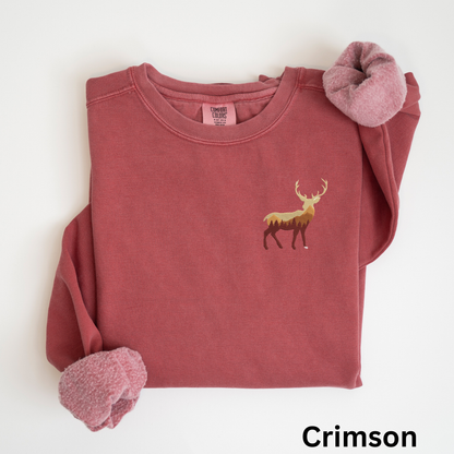 Embroidered Buck Sweatshirt: Garment-Dyed Hunter Crewneck