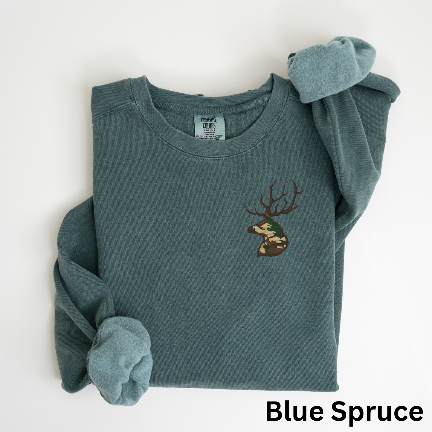 Embroidered Deer Sweatshirt: Camo Buck Crewneck Pullover