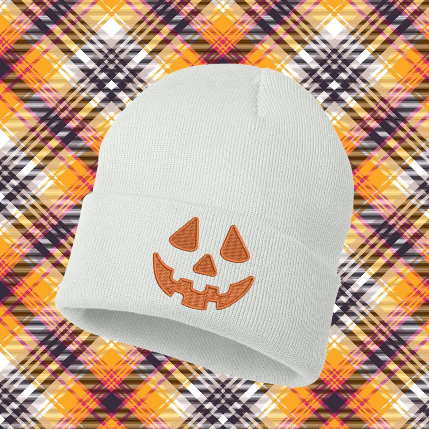 Embroidered Pumpkin Face Beanie: Knit Halloween Jack O Lantern Skull Cap