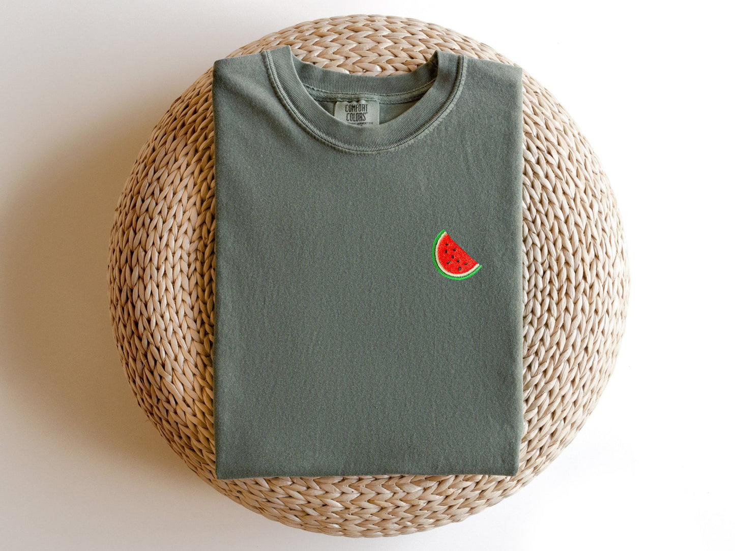 Embroidered Minimalist Watermelon T-shirt: Garment Dyed Fruit Tee