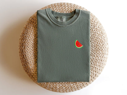 Embroidered Minimalist Watermelon T-shirt: Garment Dyed Fruit Tee