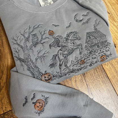 Embroidered Headless Horseman Crewneck Sweatshirt: Pigment Dyed Sleepy Hollow Sketched Line Art Pullover