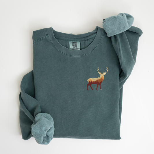 Embroidered Buck Sweatshirt: Garment-Dyed Hunter Crewneck