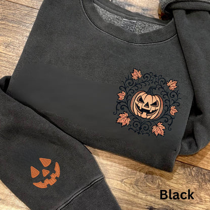 Embroidered Classic Jack O' Lantern Face Spooky Scrollwork Sweatshirt: Pigment Dyed Gothic Halloween Pumpkin Motif Pullover