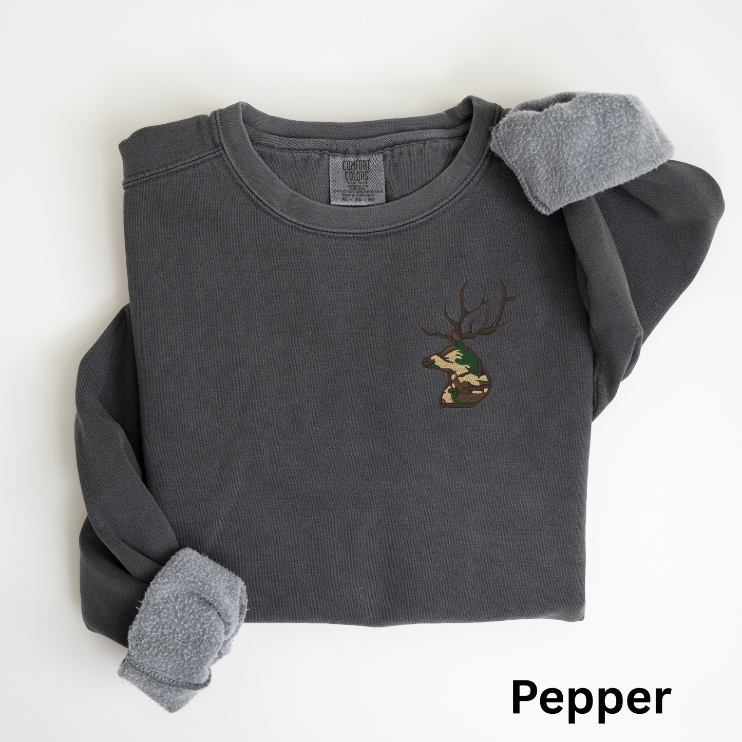 Embroidered Deer Sweatshirt: Camo Buck Crewneck Pullover