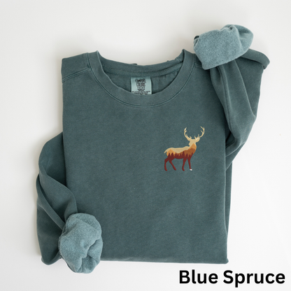 Embroidered Buck Sweatshirt: Garment-Dyed Hunter Crewneck