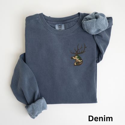 Embroidered Deer Sweatshirt: Camo Buck Crewneck Pullover
