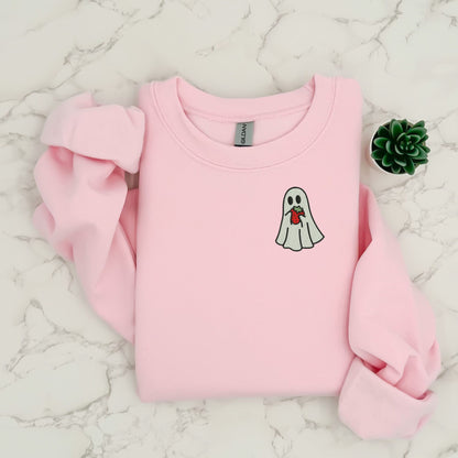Embroidered Ghost Holding a Strawberry Crewneck Sweatshirt: Trendy Halloween Pullover