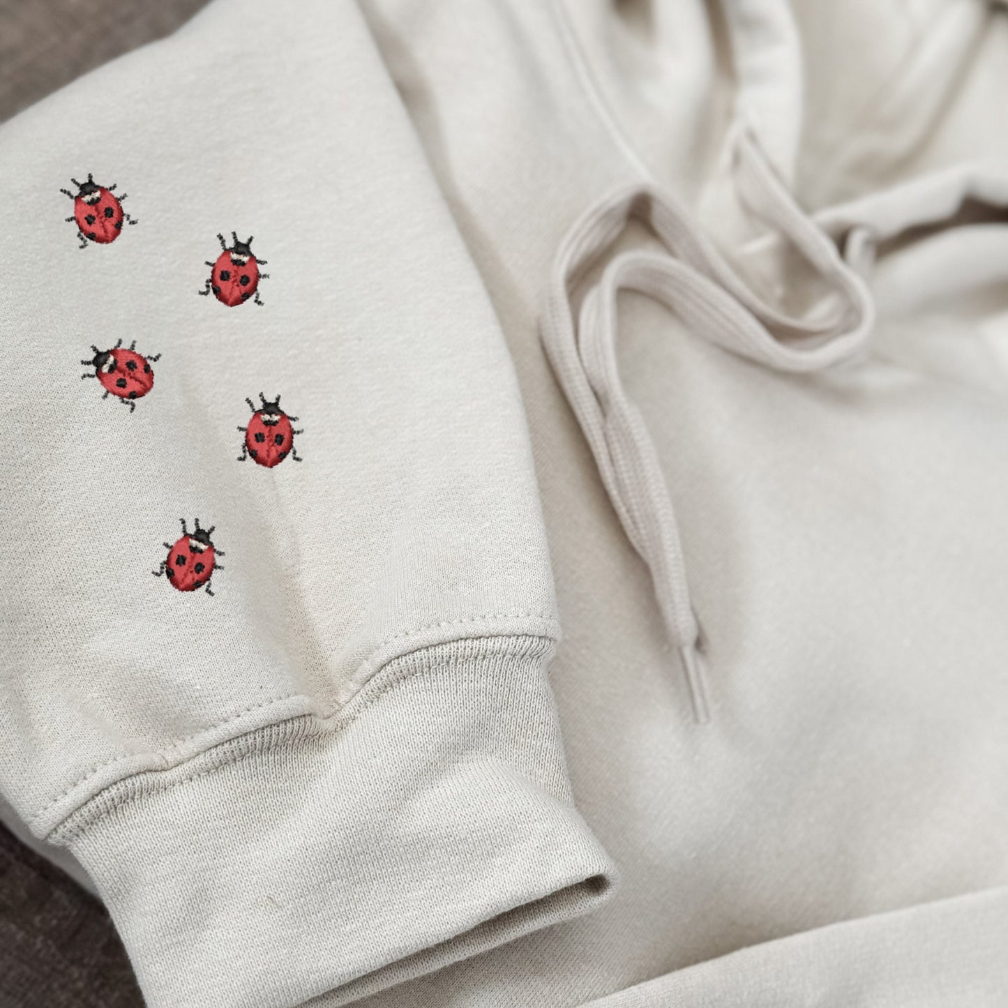 Embroidered Minimalist Ladybug Sleeve Hoodie: Stitched Sleeve Design